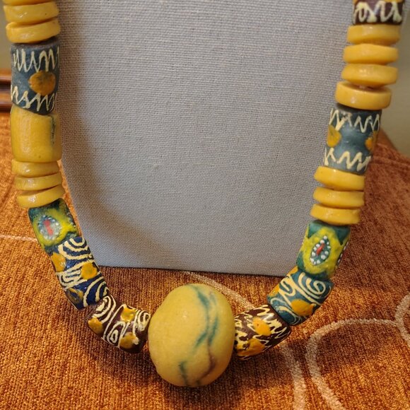 African Trade Beads Strand Multi Color Glass Tube Rare Patterns Necklace - Picture 3 of 11